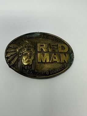 Vintage 1988 Red Man Chewing Tobacco 3.25” Brass Belt Buckle The Pinkerton U9